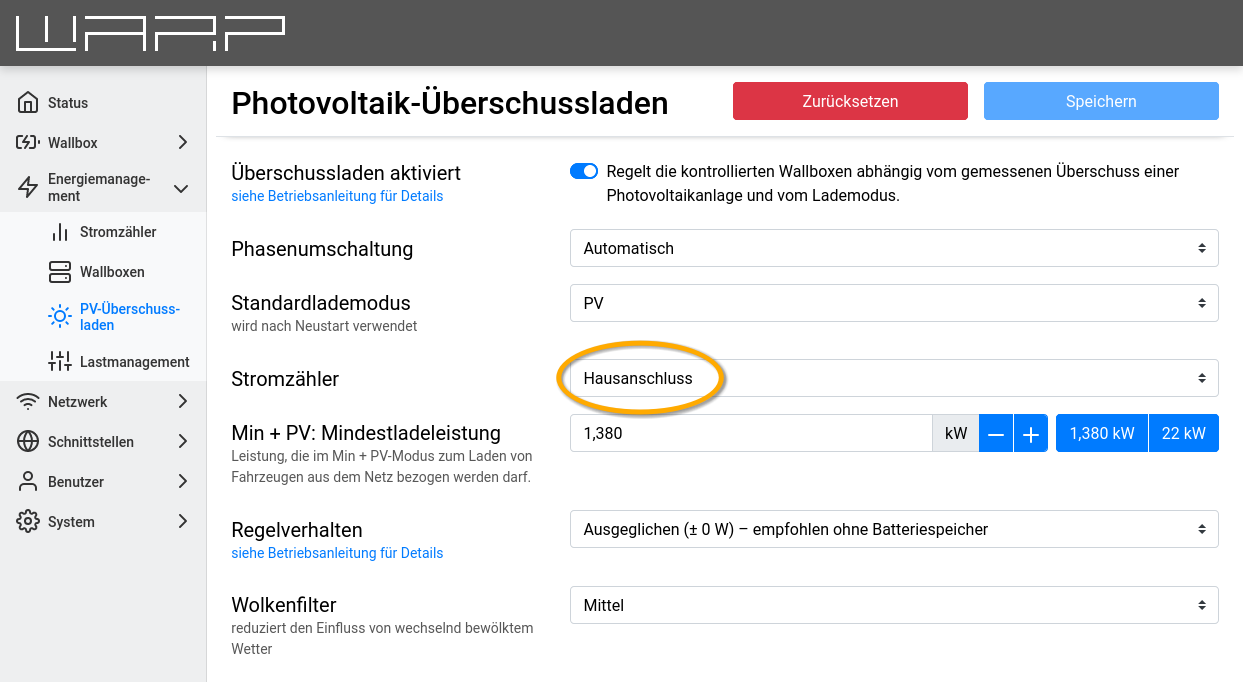 Einstellungen des PV-Überschussladens