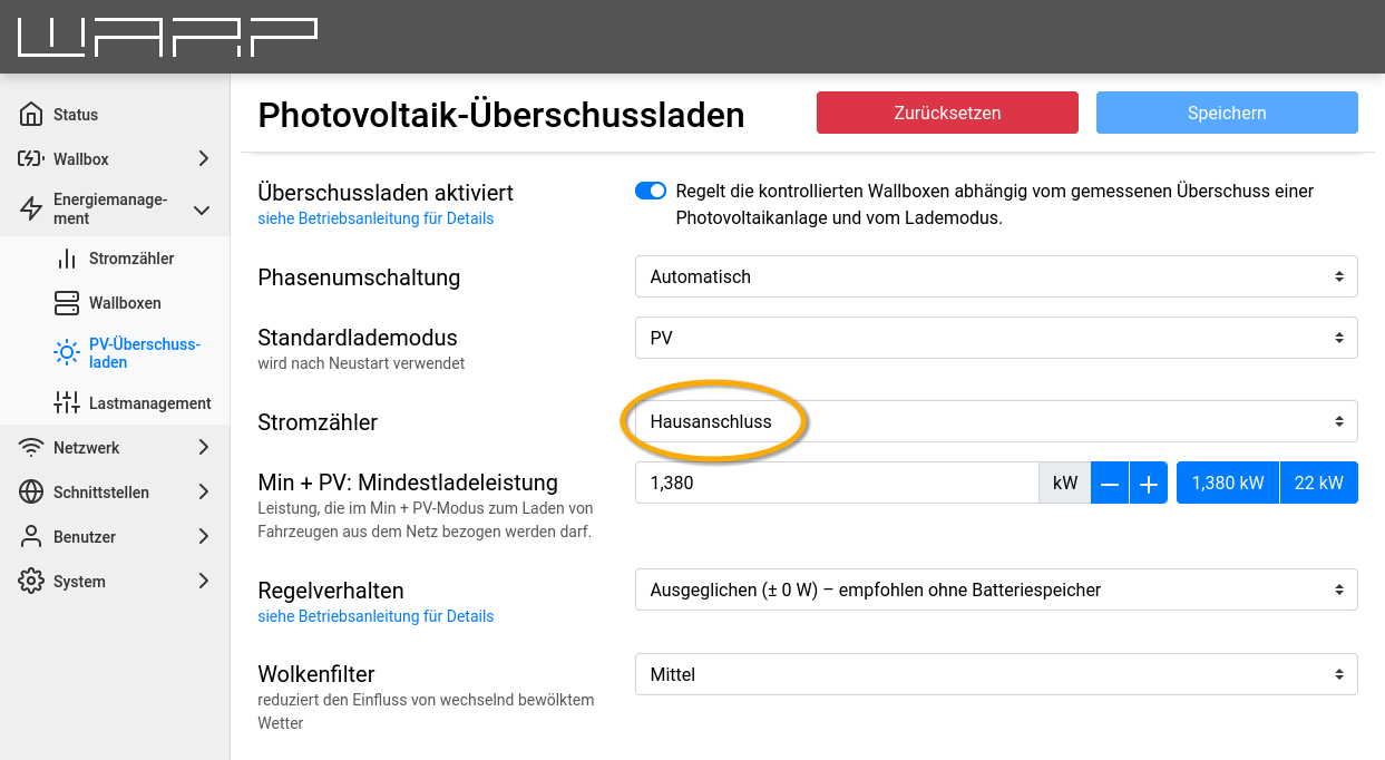 PV excess charging settings