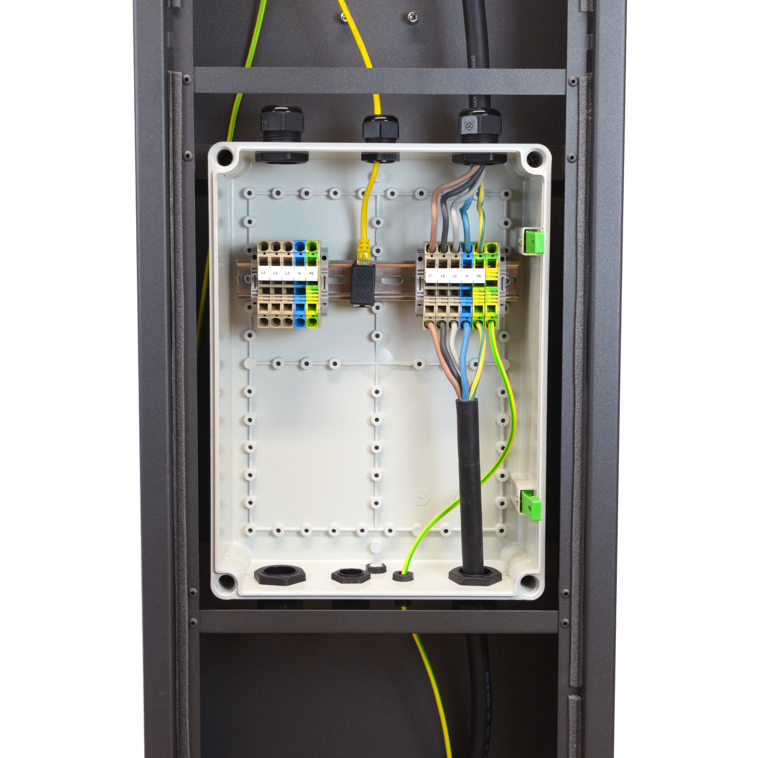Optional distribution enclosure with terminals and RJ45 coupler